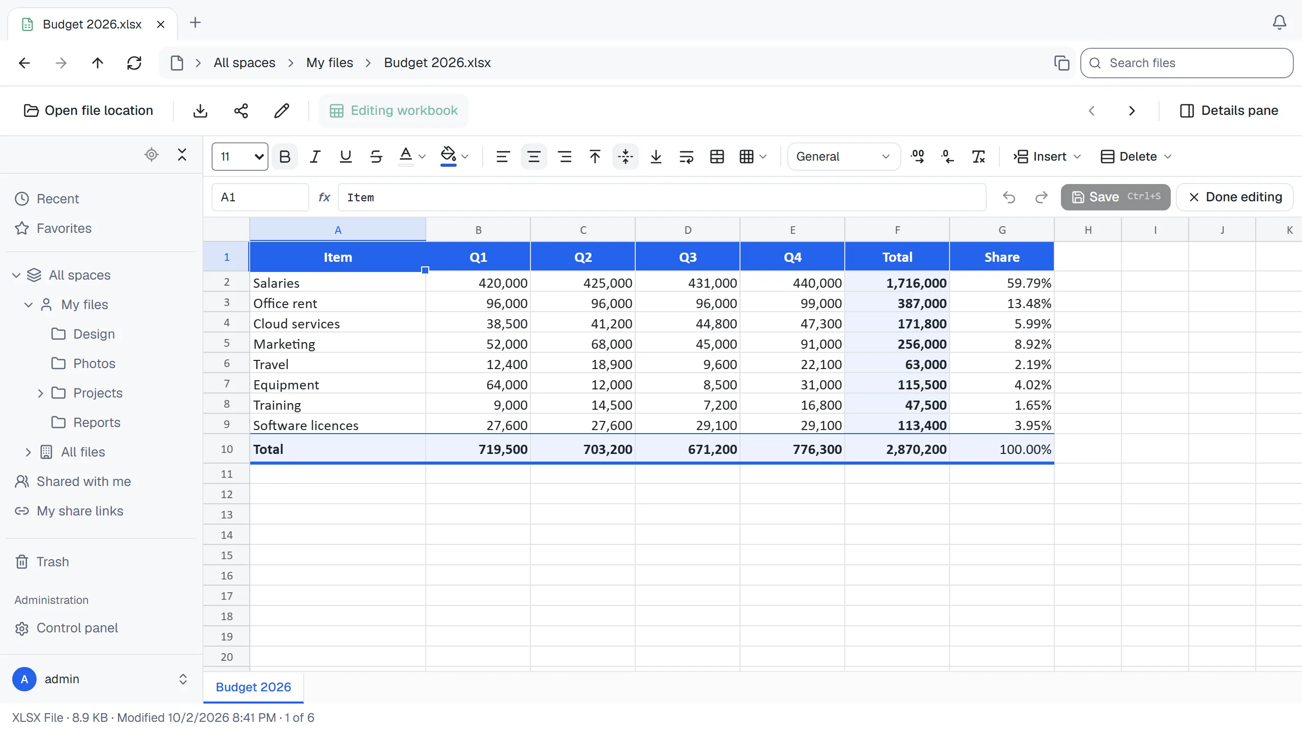 An Excel budget open for editing in ThirtyFile, with a formatting toolbar and a formula bar