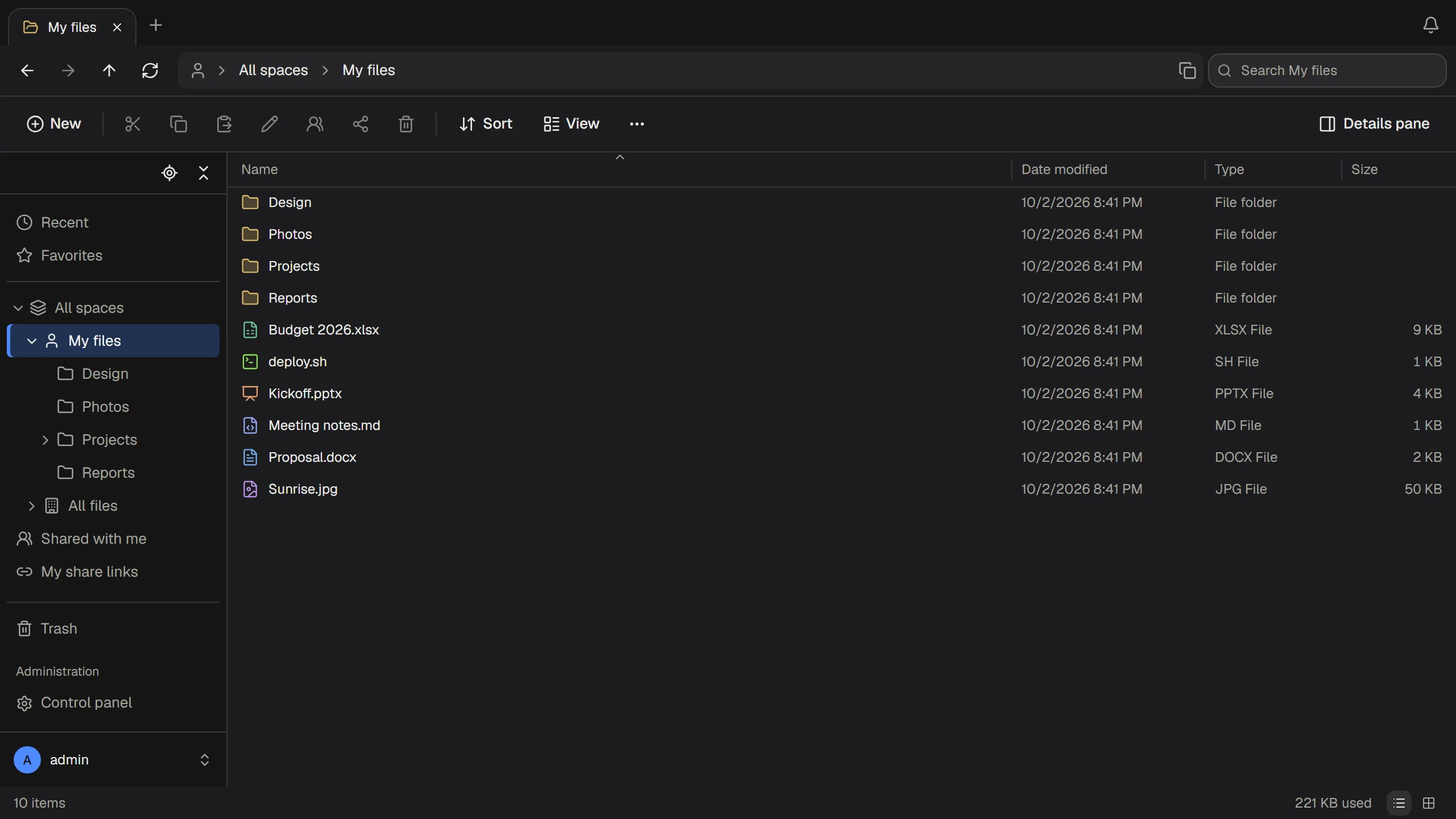 The ThirtyFile file list in dark mode