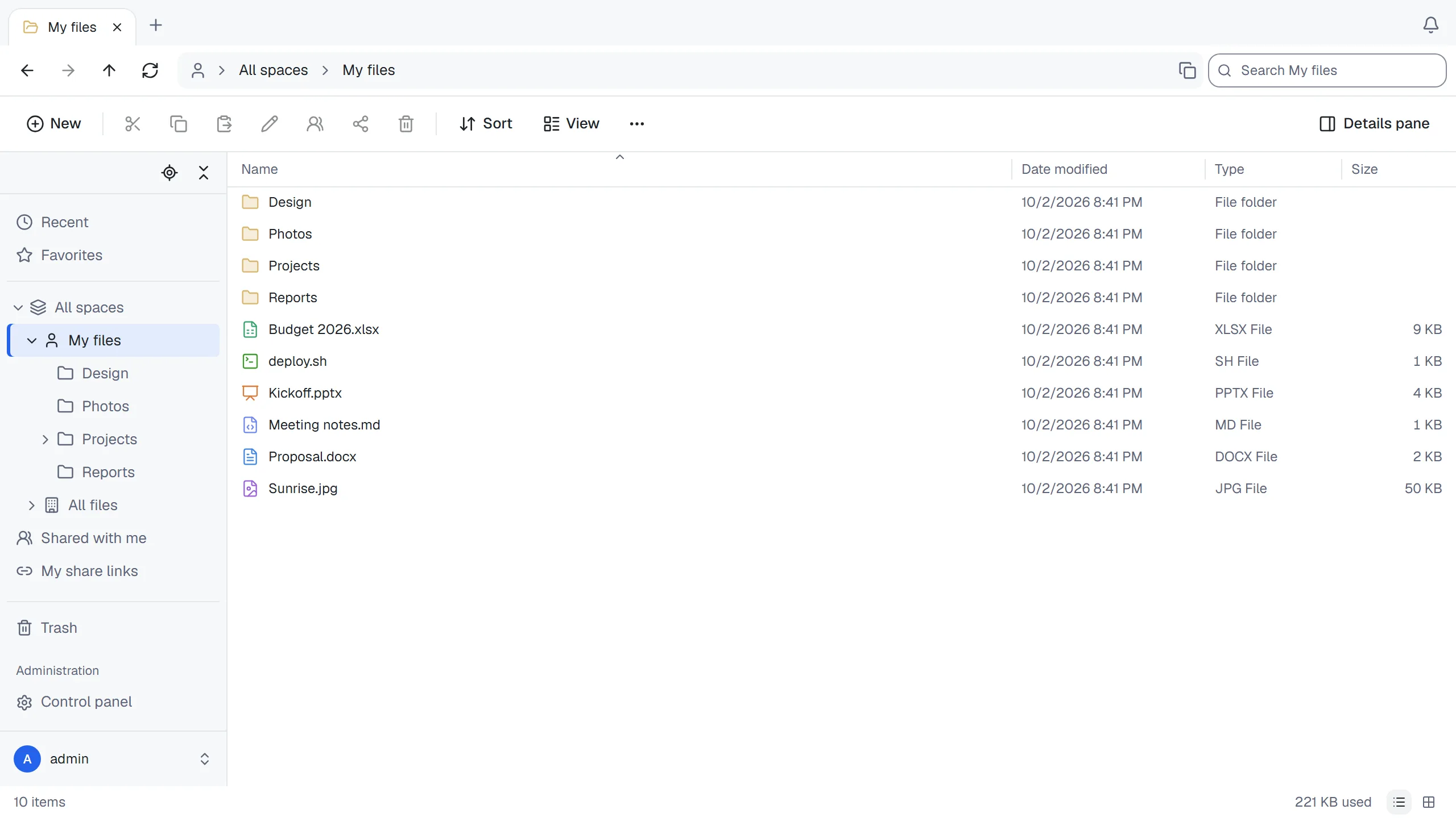 The ThirtyFile file list: a folder tree on the left, folders and documents on the right, with tabs and an address bar above