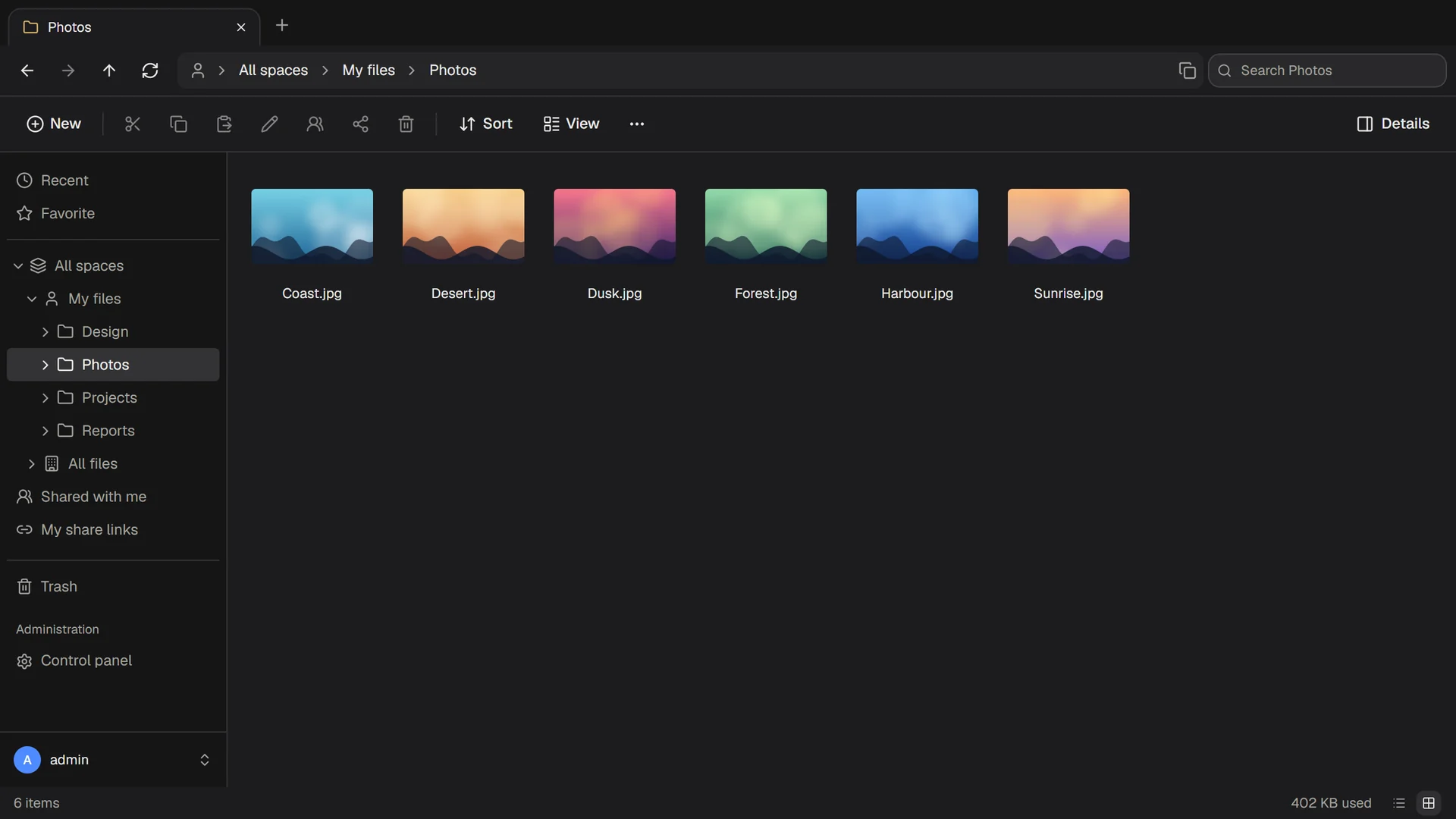 A folder of photos shown as thumbnails in dark mode