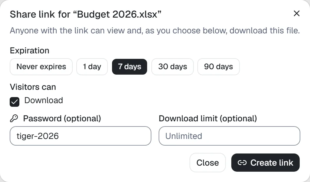 The share link dialog with an expiry of seven days, a password and a download limit